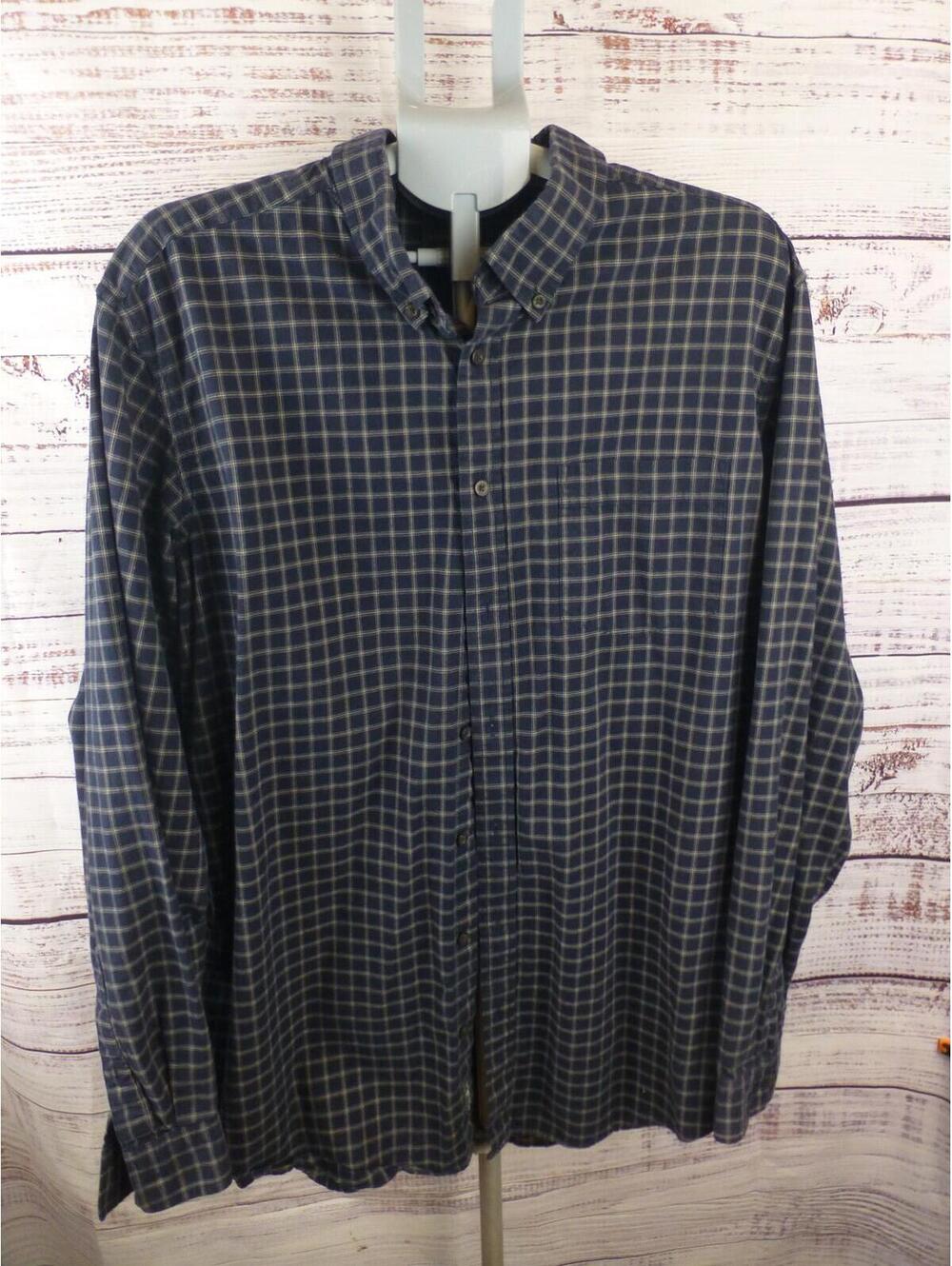Eddie Bauer Men's TXL Relaxed Fit Blue Tan Plaid Check Button Down Shirt G4A